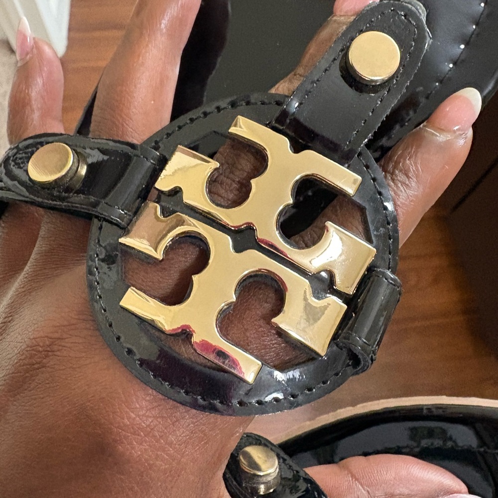 Tory Burch Black and Gold Miller Logo Sandals